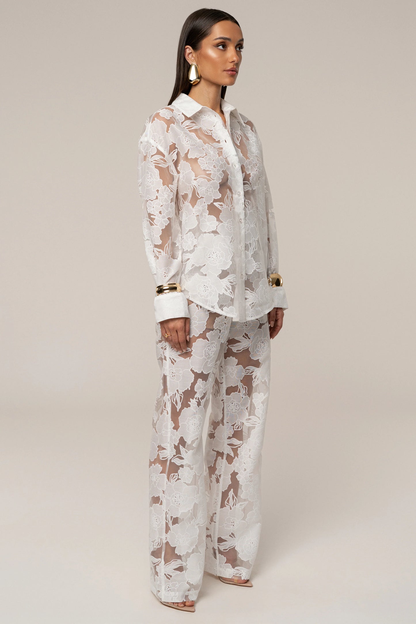 Ensemble 'Cannes' Floral Ivoire (Blouse et Pantalon)