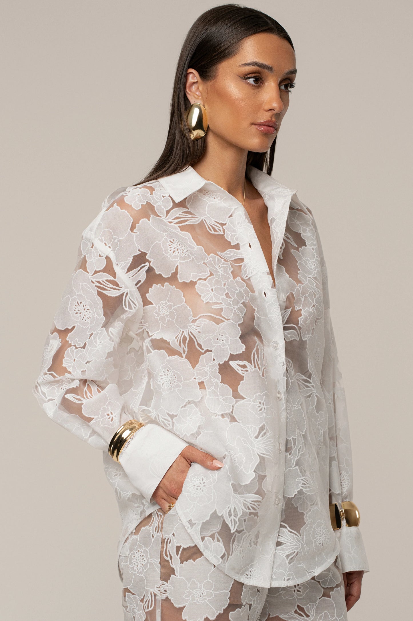 Ensemble 'Cannes' Floral Ivoire (Blouse et Pantalon)