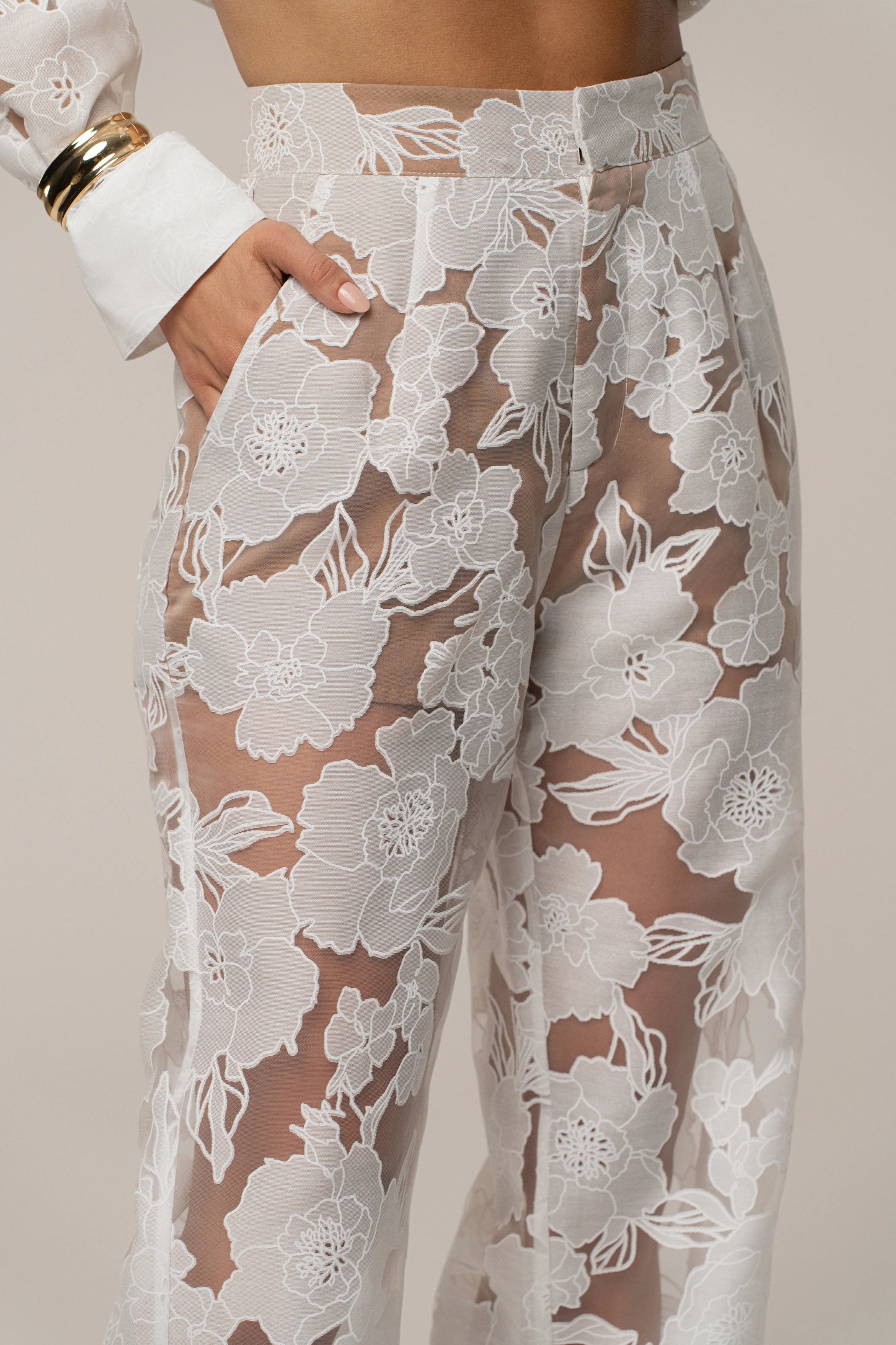 Ensemble 'Cannes' Floral Ivoire (Blouse et Pantalon)