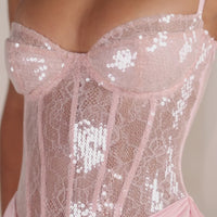 Jeneivy Robe Mini Corsetée en Dentelle Ornée - Rose Bébé