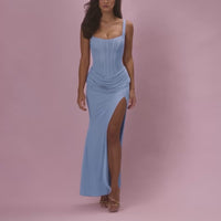 Celeste Robe de Demoiselle d'Honneur Drapée en Mesh Premium - Bleu Poudré