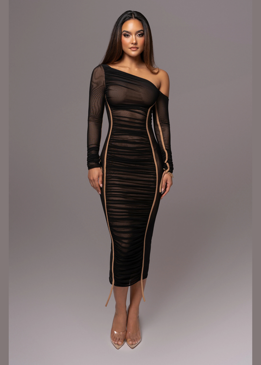 Robe Midi 'Naomi' Noire en Tulle Drapé