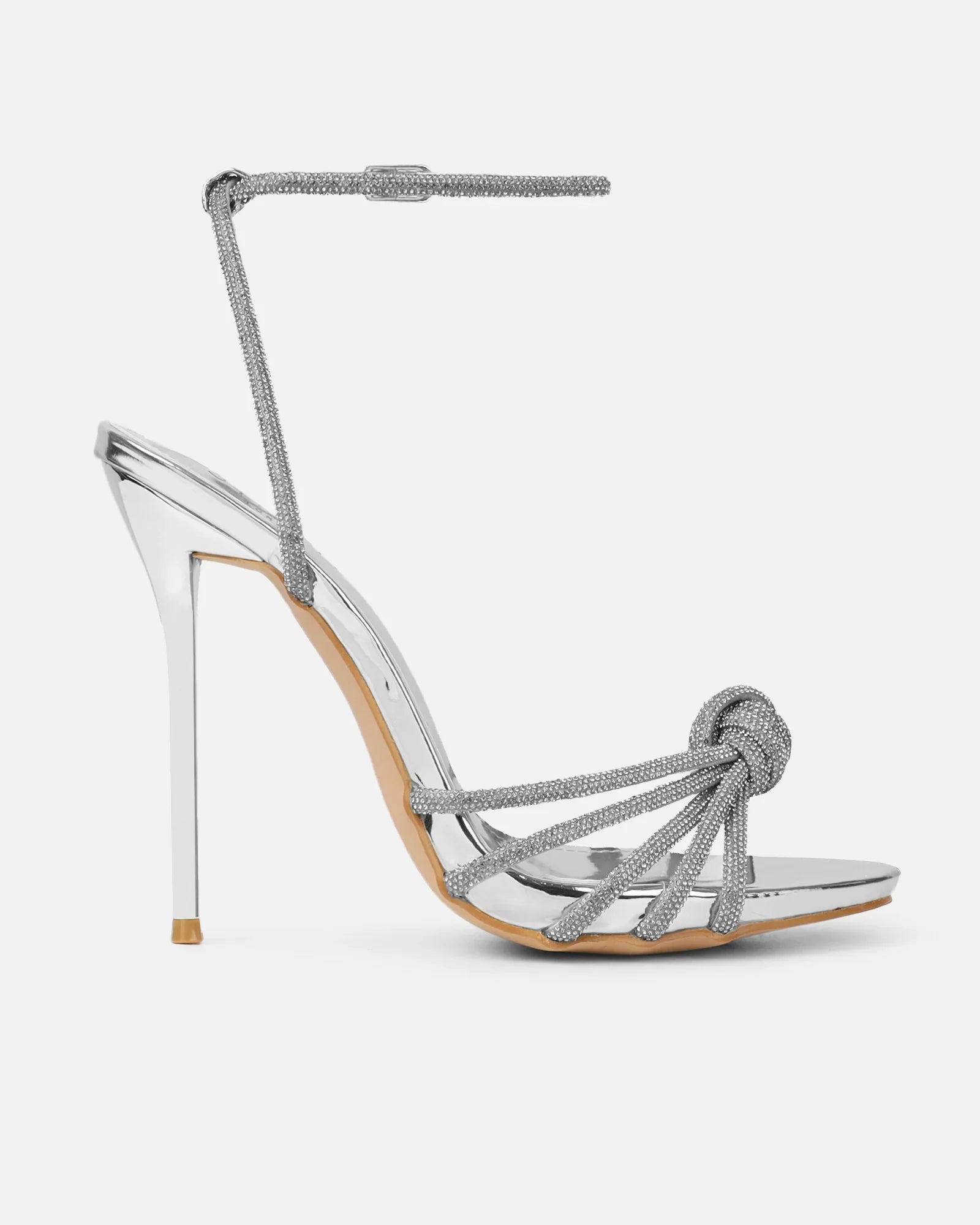 Sandales à Talons 'Stella' Argent Miroir, Détails Diamants